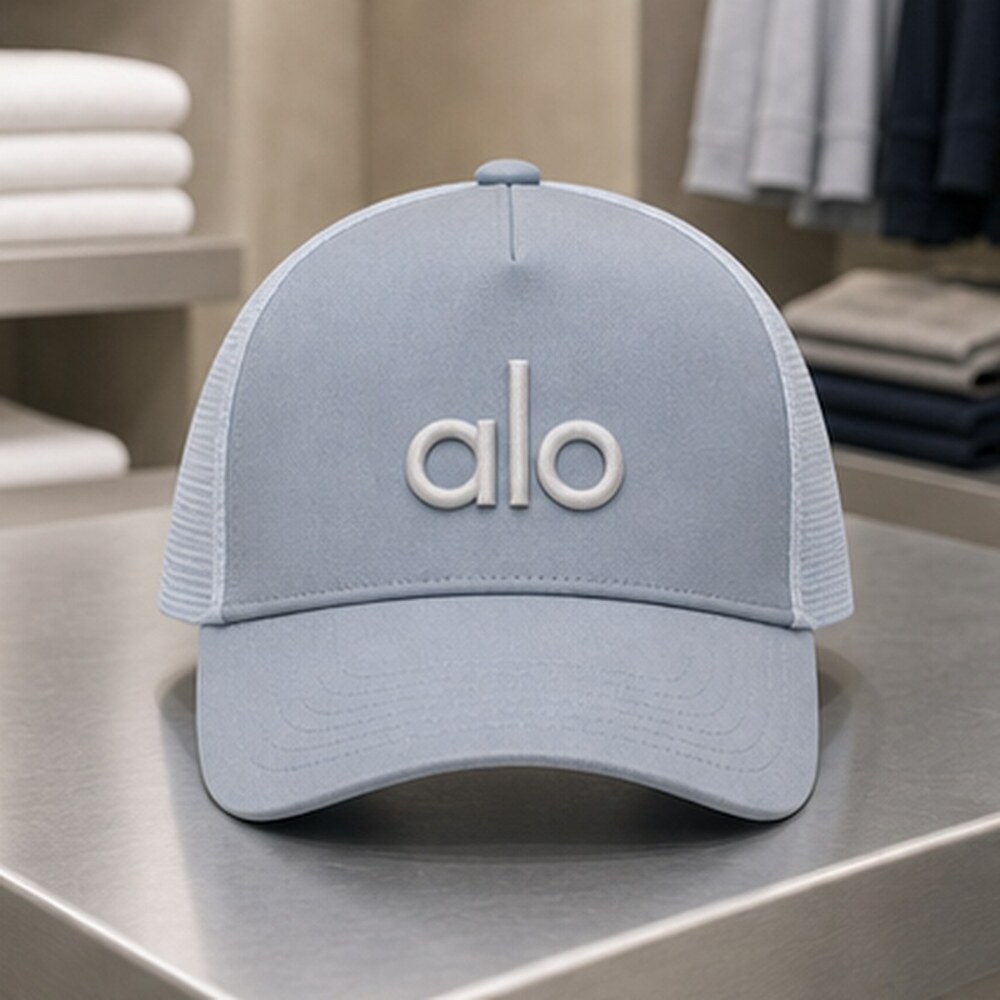ALO Yoga Mist Blue Gray Running Mesh Trucker Cap Hat OS